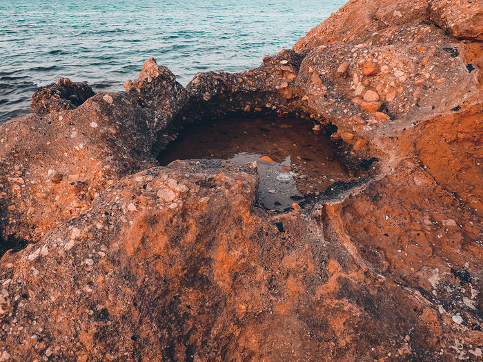 High angle view of rock on sea shore