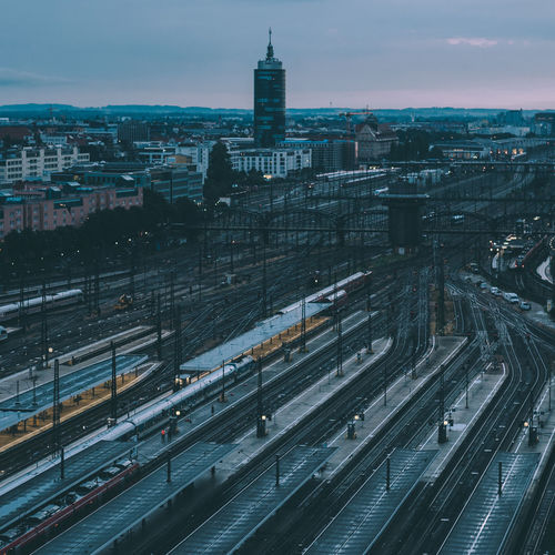 High angle view of railroad station platform in city