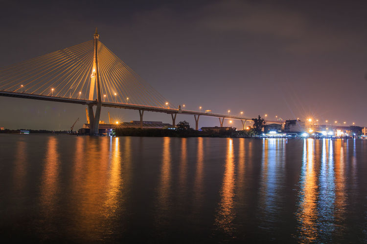 Illuminated bridge over calm river at night