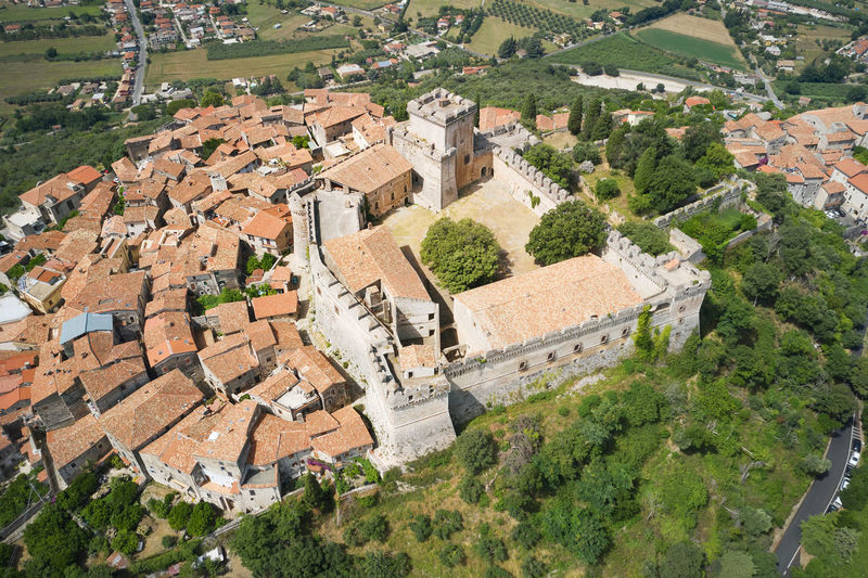 Aerial view of the medieval town castle of sermoneta latina