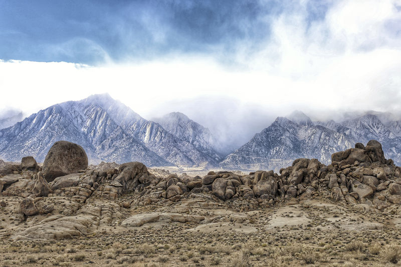 Alabama hills with the sierra madre mountains in the background