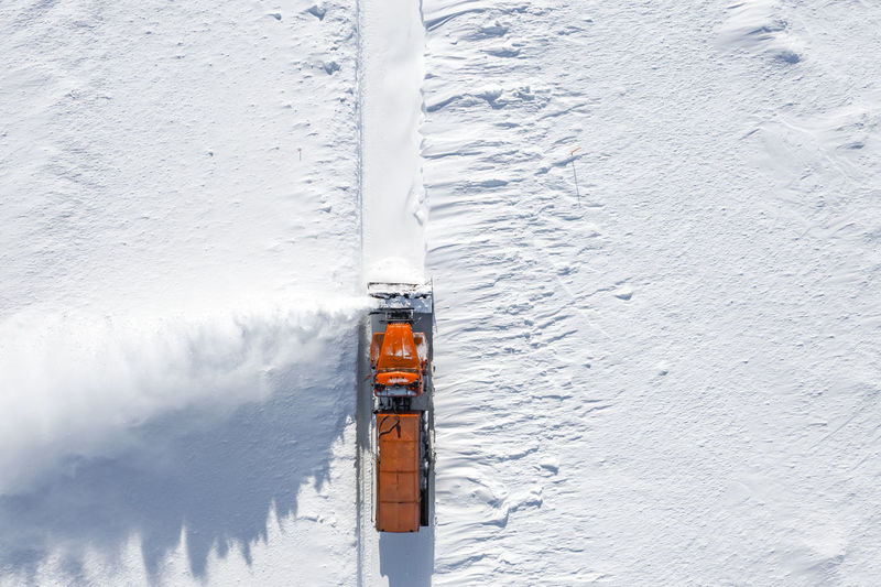 High angle view of snow on frozen boat