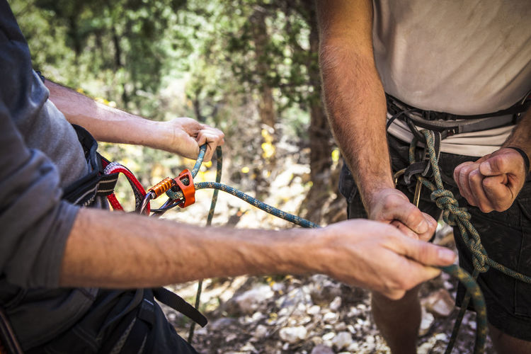 Midsection of friends adjusting rope while standing in forest