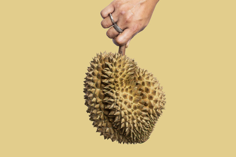Cropped hand holding fruit against yellow background