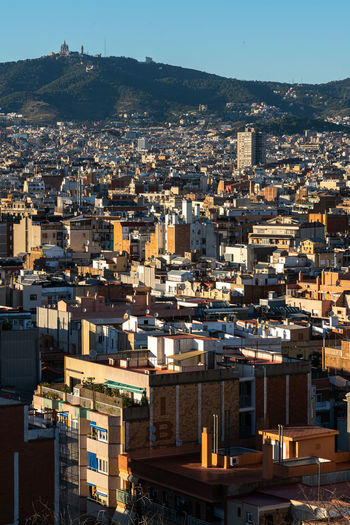 High angle view of barcelona townscape against clear sky