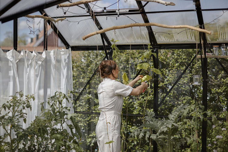 Woman taking care of plants in greenhouse
