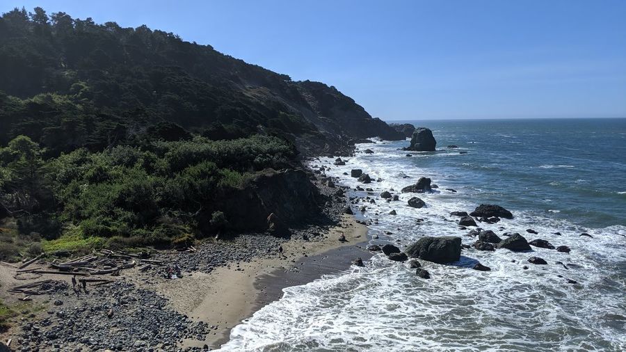 Scenic view of rocks on beach against sky
