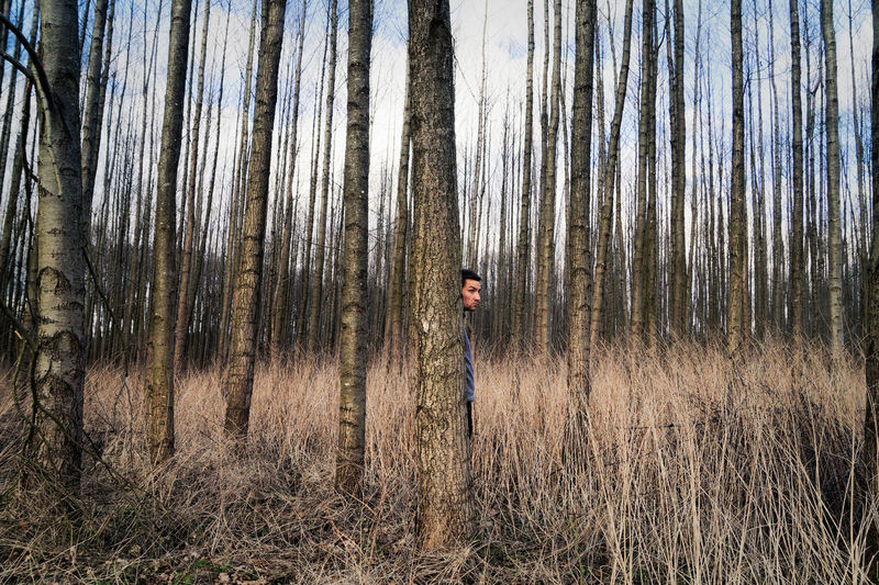 Man hiding behind tree