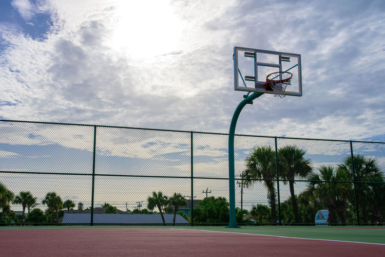 Basketball hoop on street against sky