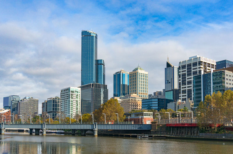 Melbourne cbd, central business district cityscape with yarra river view on bright sunny day
