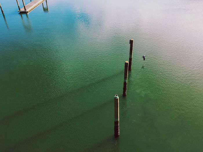 High angle view of wooden post in sea