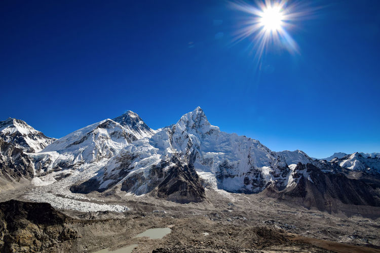 Panoramic view of nuptse and mount everest seen from the khumbu glacier