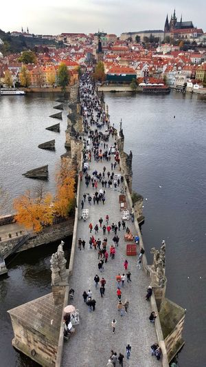 High angle view of people at riverbank
