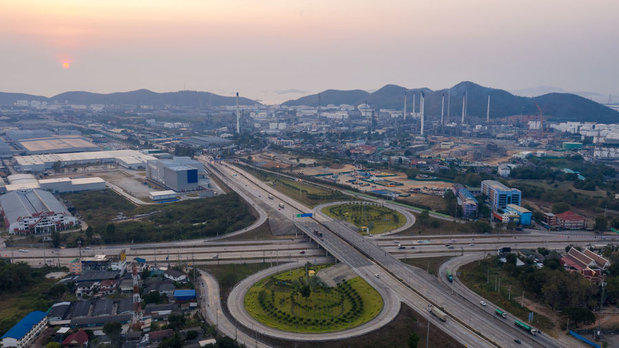 Aerial view ring road industry and oil refinery production plant background in thailand