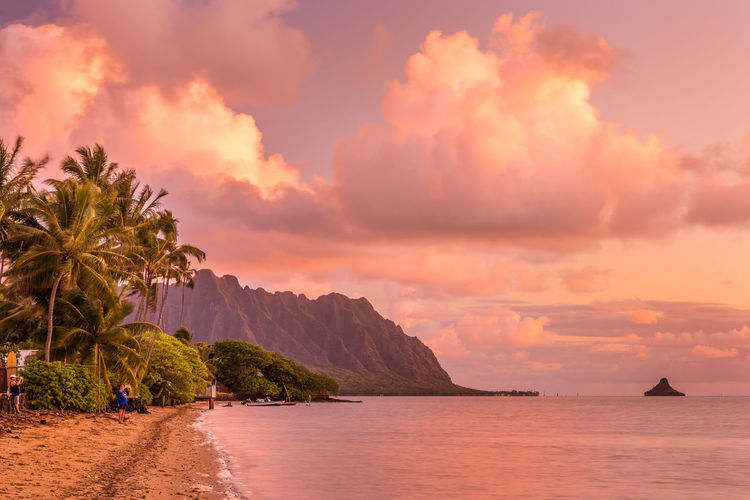 Scenic view of hawaiian landscape during sunset