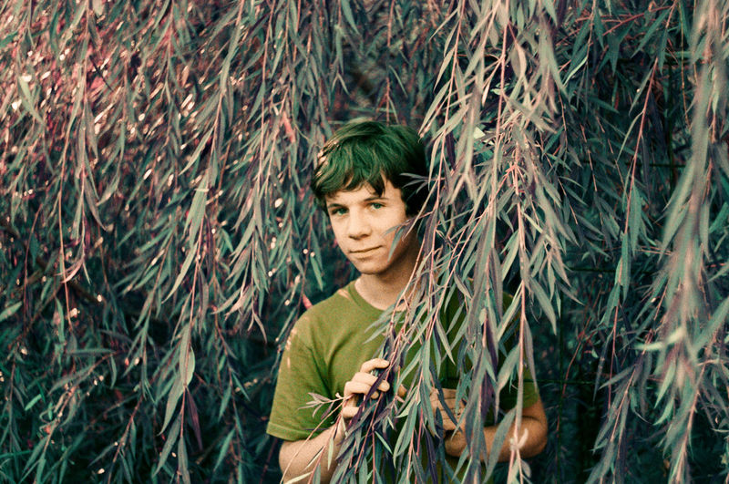 Young man standing near willow tree 