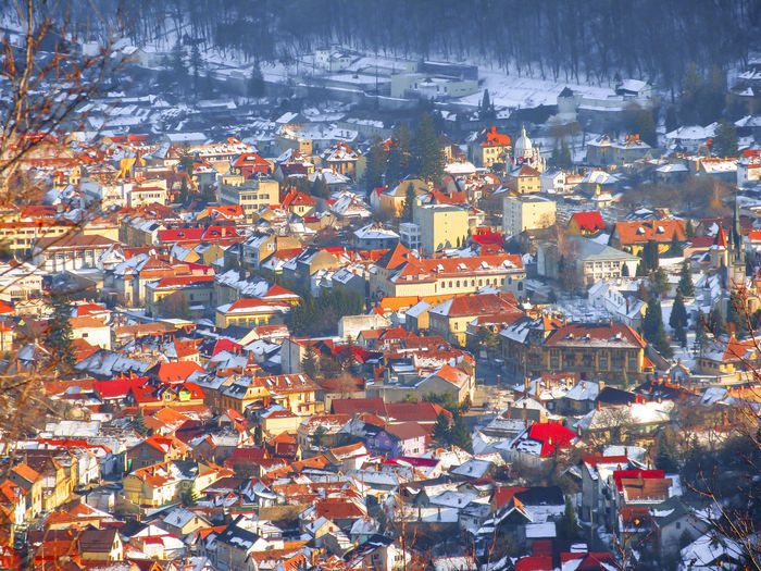 High angle view of townscape during winter