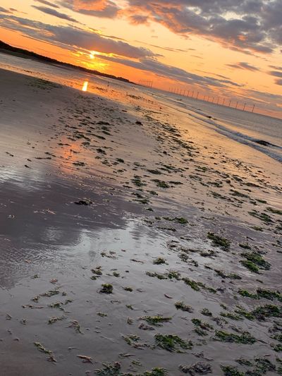 Scenic view of beach against sky during sunset