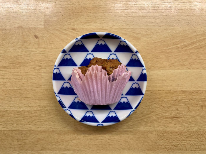 High angle view of cake in plate on table
