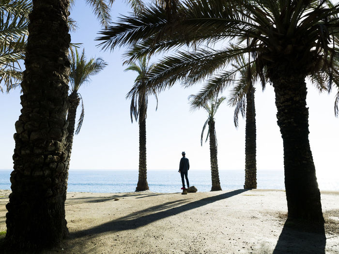 Man standing by palm trees on beach against sky