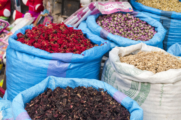 Spice displayed at a spice shop in medina in marrakesh