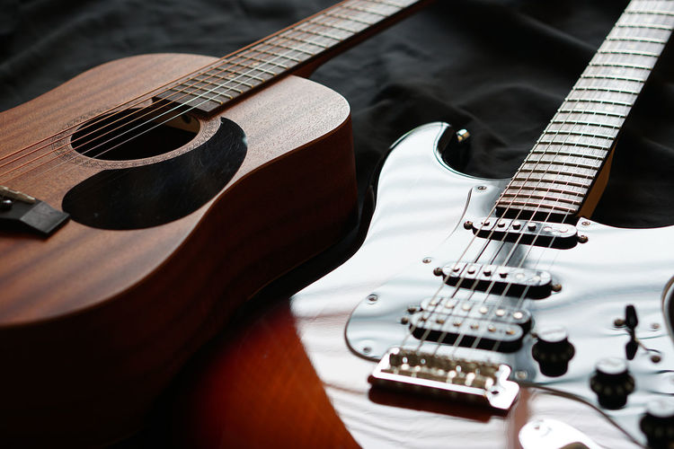 High angle view of guitars