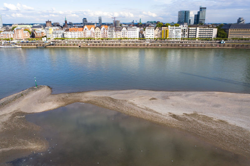 The banks of the rhine in düsseldorf and a bird's eye view of the city