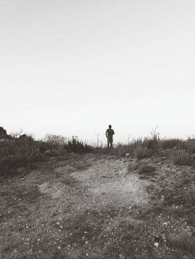 Rear view of mid adult man standing on field against clear sky