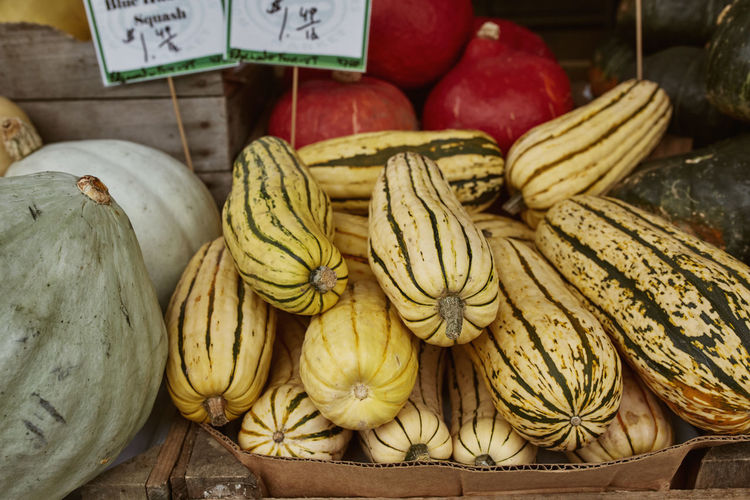 Close-up of pumpkins for sale at market stall