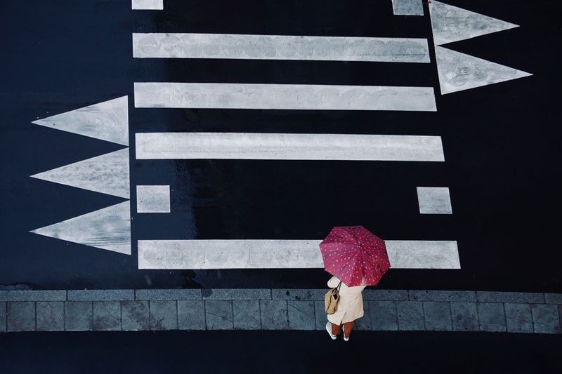 High angle view of man walking on footpath