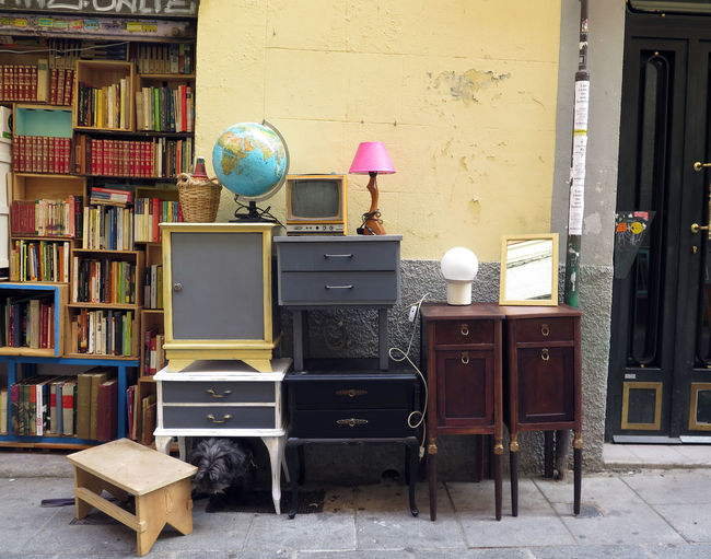Objects and furniture in a stall of el rastro market, madrid