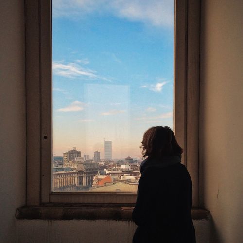People in front of cityscape