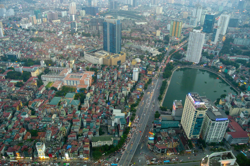 High angle view of street amidst buildings in city