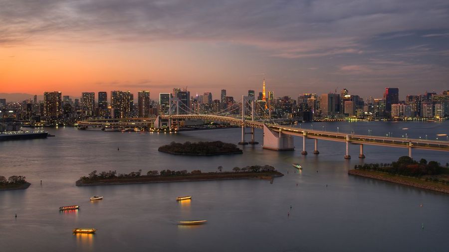 Scenic view of river and buildings against sky during sunset