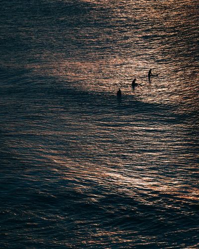 Silhouette people swimming in sea against sky during sunset