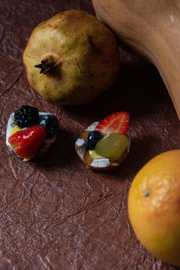 High angle view of fruit dessert on table