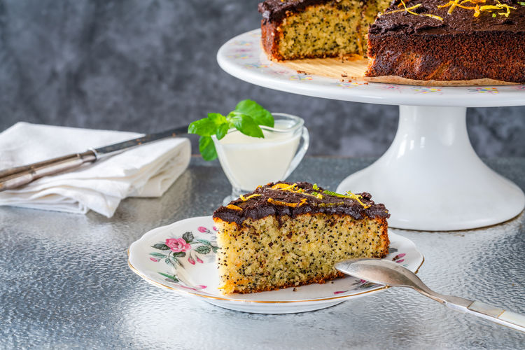 Orange and poppy seed cake with chocolate ganache