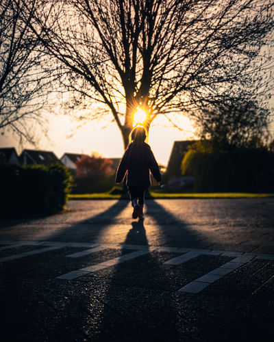 Rear view of silhouette person walking on road during sunset