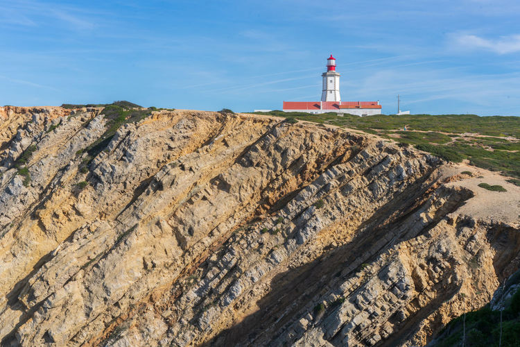 Landscape of capo espichel cape with the lighthouse and sea cliffs, in portugal