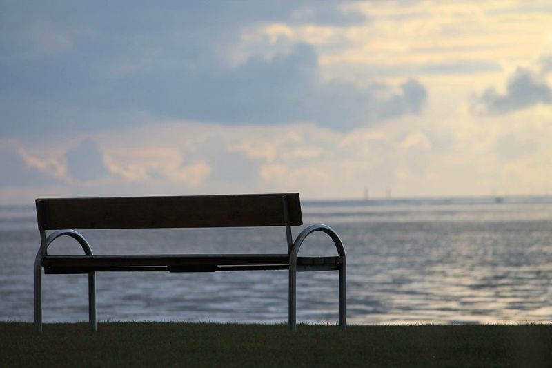 Bench on field against sea