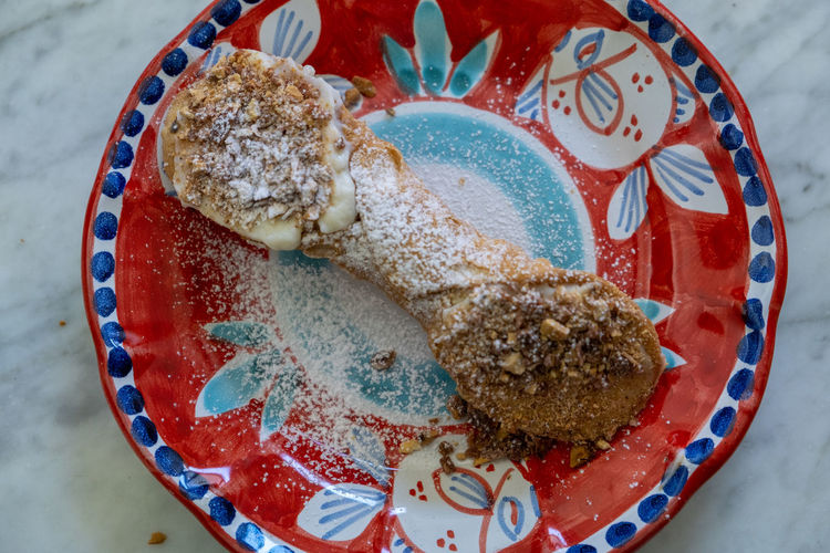 High angle view of cake in plate on table