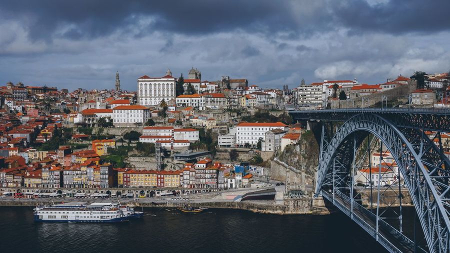Dom luis i bridge over douro river against cloudy sky