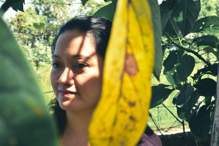 Portrait of woman against yellow leaf