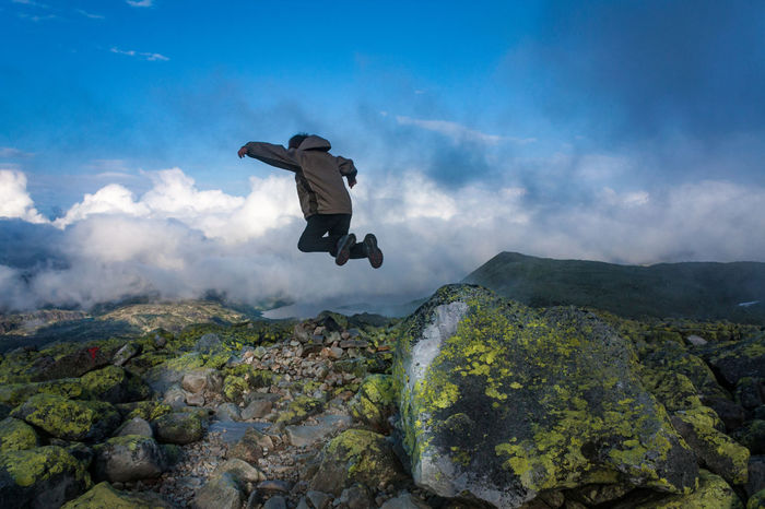 Rear view of a man jumping on landscape