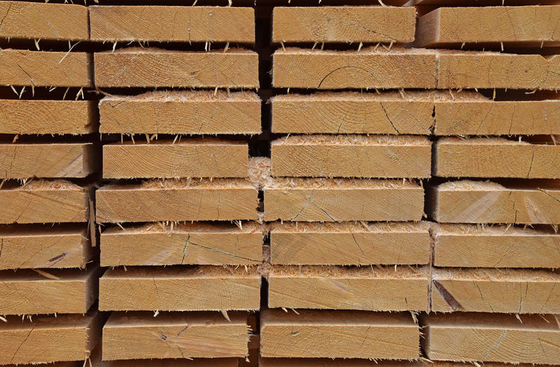 Full frame shot of wooden planks in lumber yard