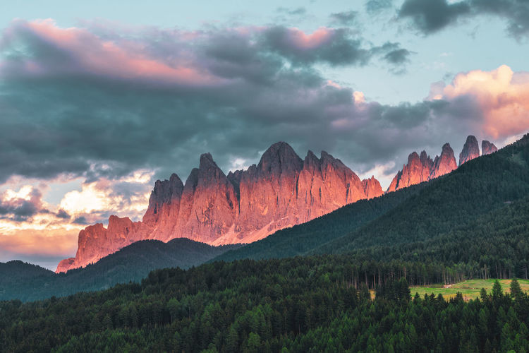 Panoramic view of the dolomites, italy. odle mountain peaks.