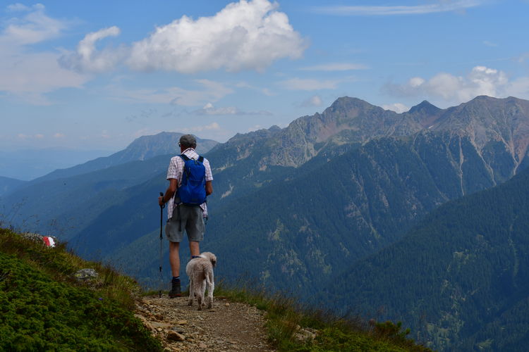Rear view of a man with dog on mountain against sky in southtyrol 