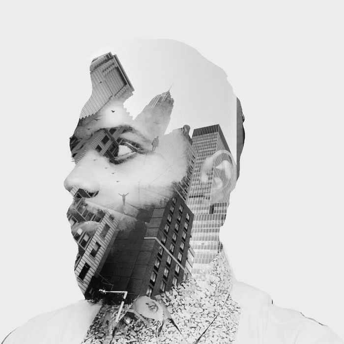 Double exposure on man face against white background