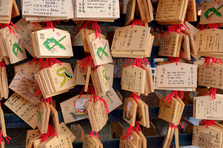 Text on wooden objects hanging at store