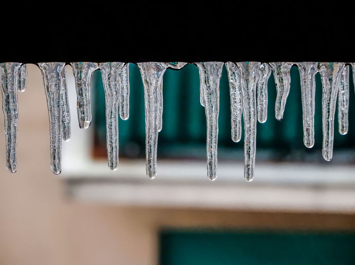 Close-up of icicles hanging on railing